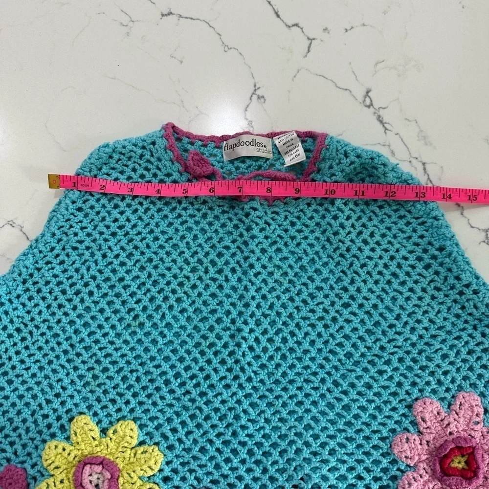 Kids Vintage Flapdoodles Pink and Blue Crochet Flowers Poncho 90s size 6